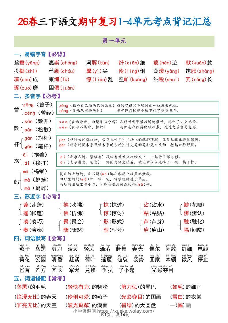 三年级下语文期中复习1-4单元考点背记汇总-六八学科资料网