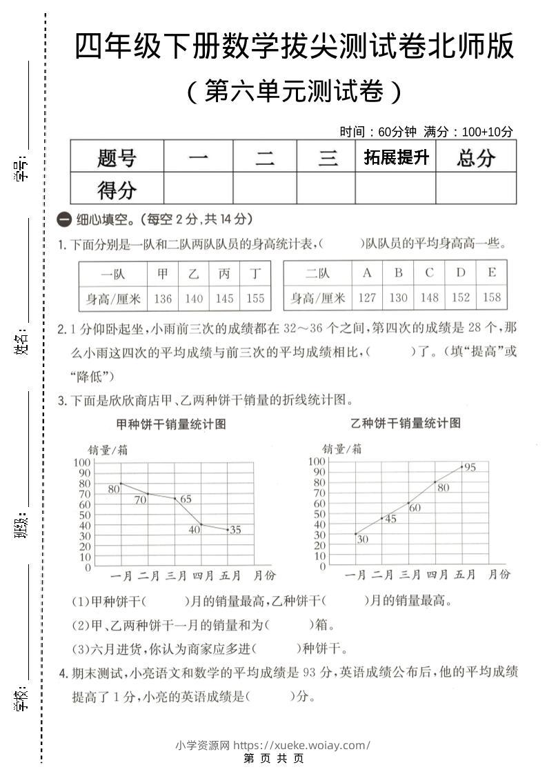 四年级下数学第六单元拔尖测试卷《北师版》-六八学科资料网