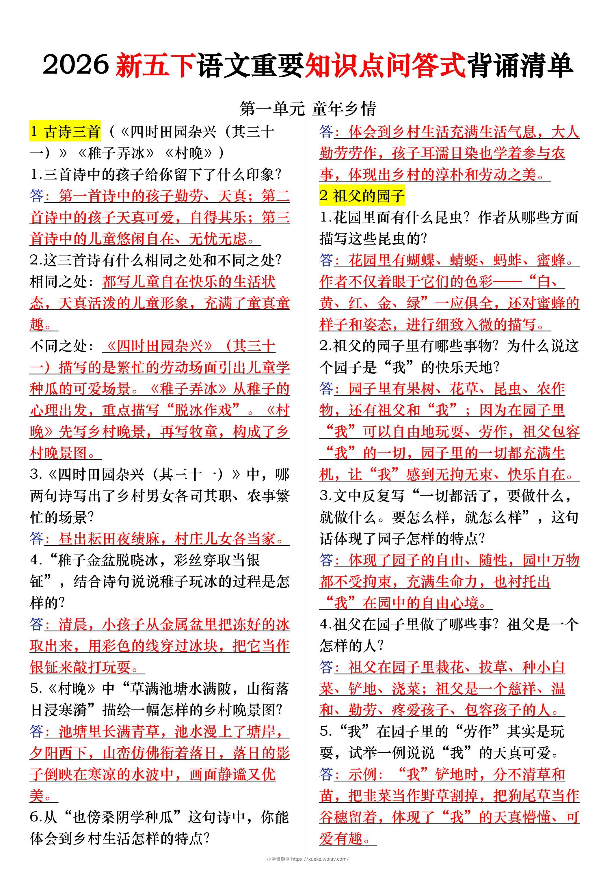 五年级下册语文每课重要知识问答卷（提问式背诵）-六八学科资料网