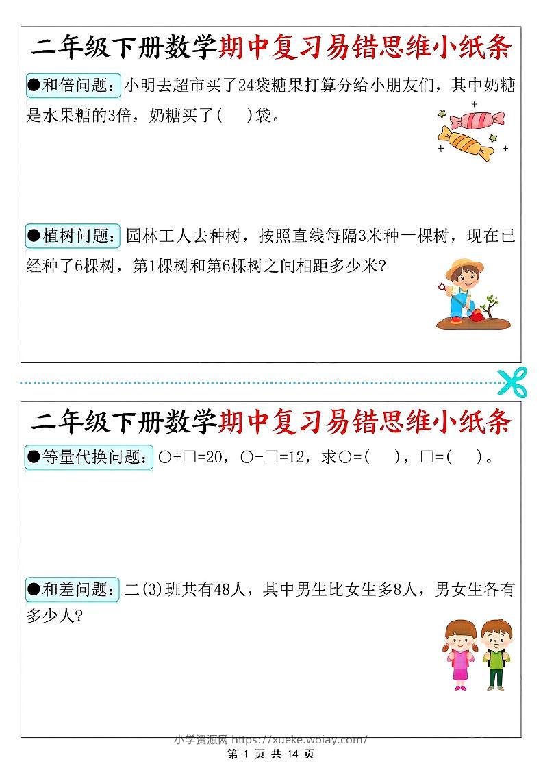二年级下数学期中复习易错思维小纸条-六八学科资料网