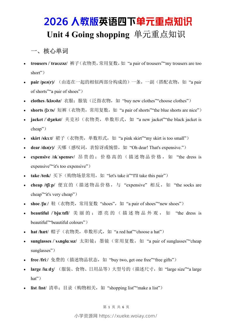 四年级下英语Unit4重点知识汇总《人教版PEP》-六八学科资料网