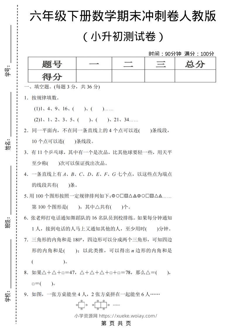 六年级下数学期末小升初冲刺卷《人教版》-六八学科资料网