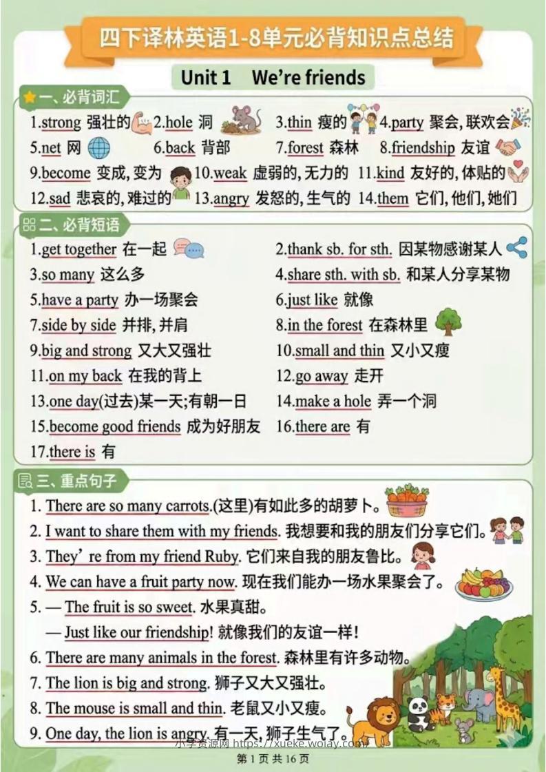 四年级下英语1-8单元知识点汇总《译林版》-六八学科资料网