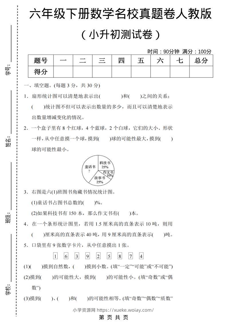六年级下数学期末小升初名校真题卷《人教版》-六八学科资料网