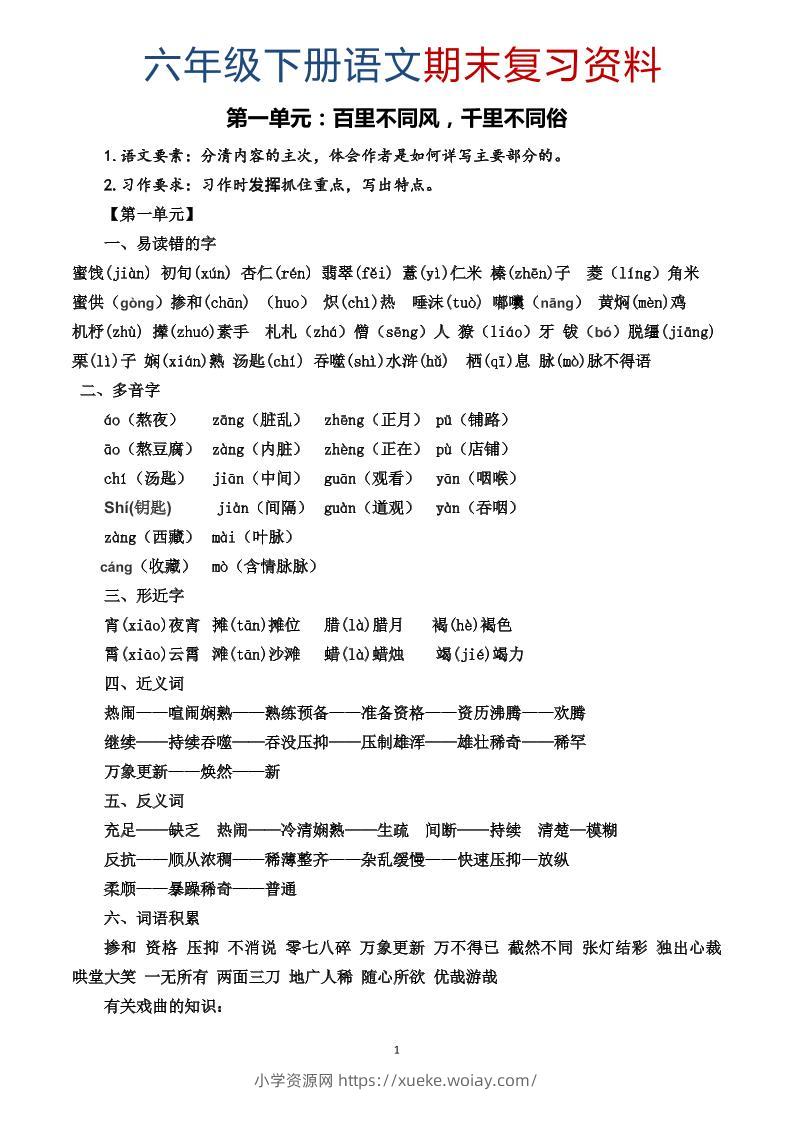 六年级下语文期末复习资料-六八学科资料网