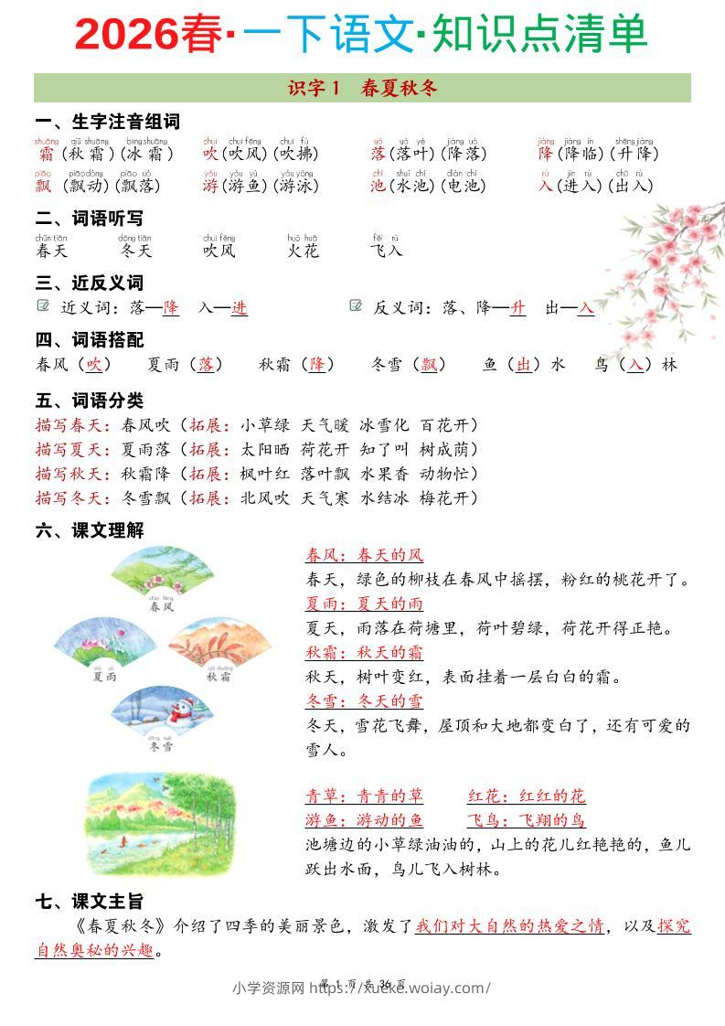 26春一年级下语文期末复习知识点清单-六八学科资料网