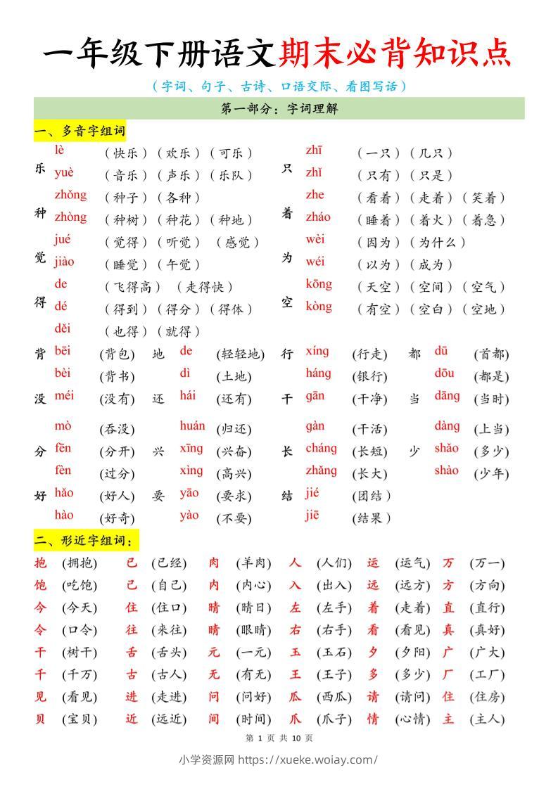 一年级下册语文期末必背知识点-六八学科资料网