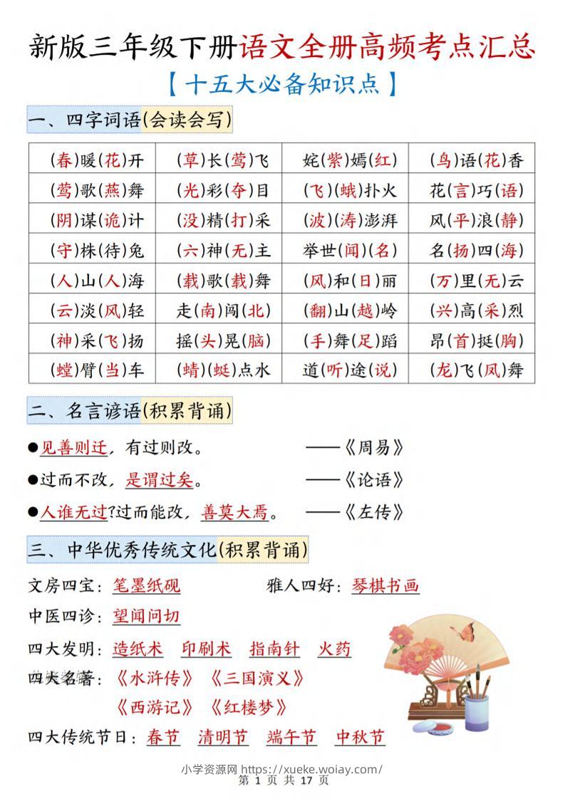 三年级下语文期末复习高频考点汇总（十五大必备知识点）-六八学科资料网