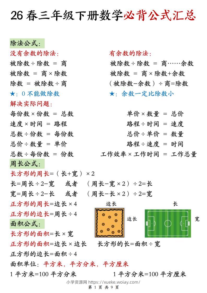 26春三年级下数学期末必背公式汇总-六八学科资料网