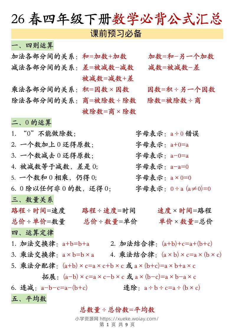 26春四年级下数学期末必背公式汇总-六八学科资料网